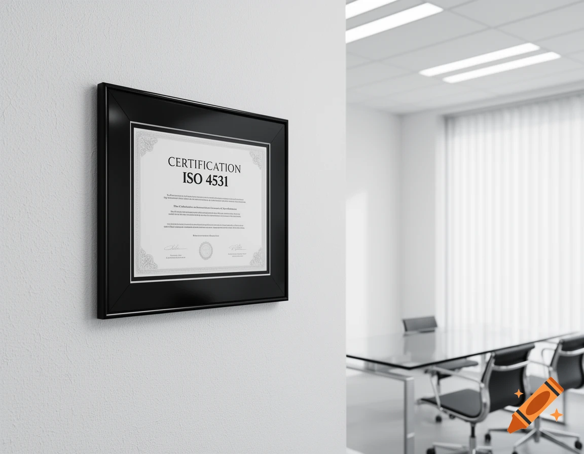 A framed "CERTIFICATION ISO 4531" document hangs on a white wall in a modern, minimalist office meeting room, photorealistic.
