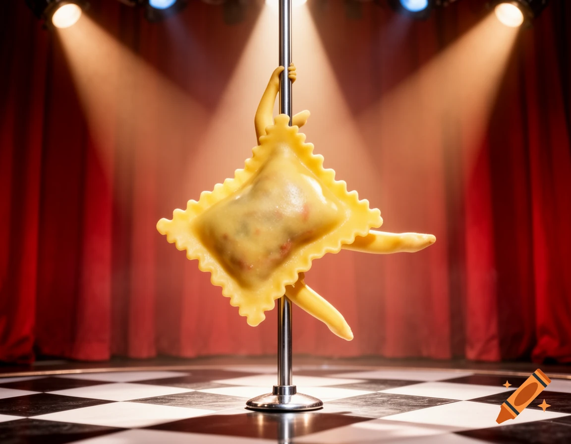 A ravioli pasta with noodle-like limbs pole dancing on a stage with red curtains and a checkered floor, under spotlights.
