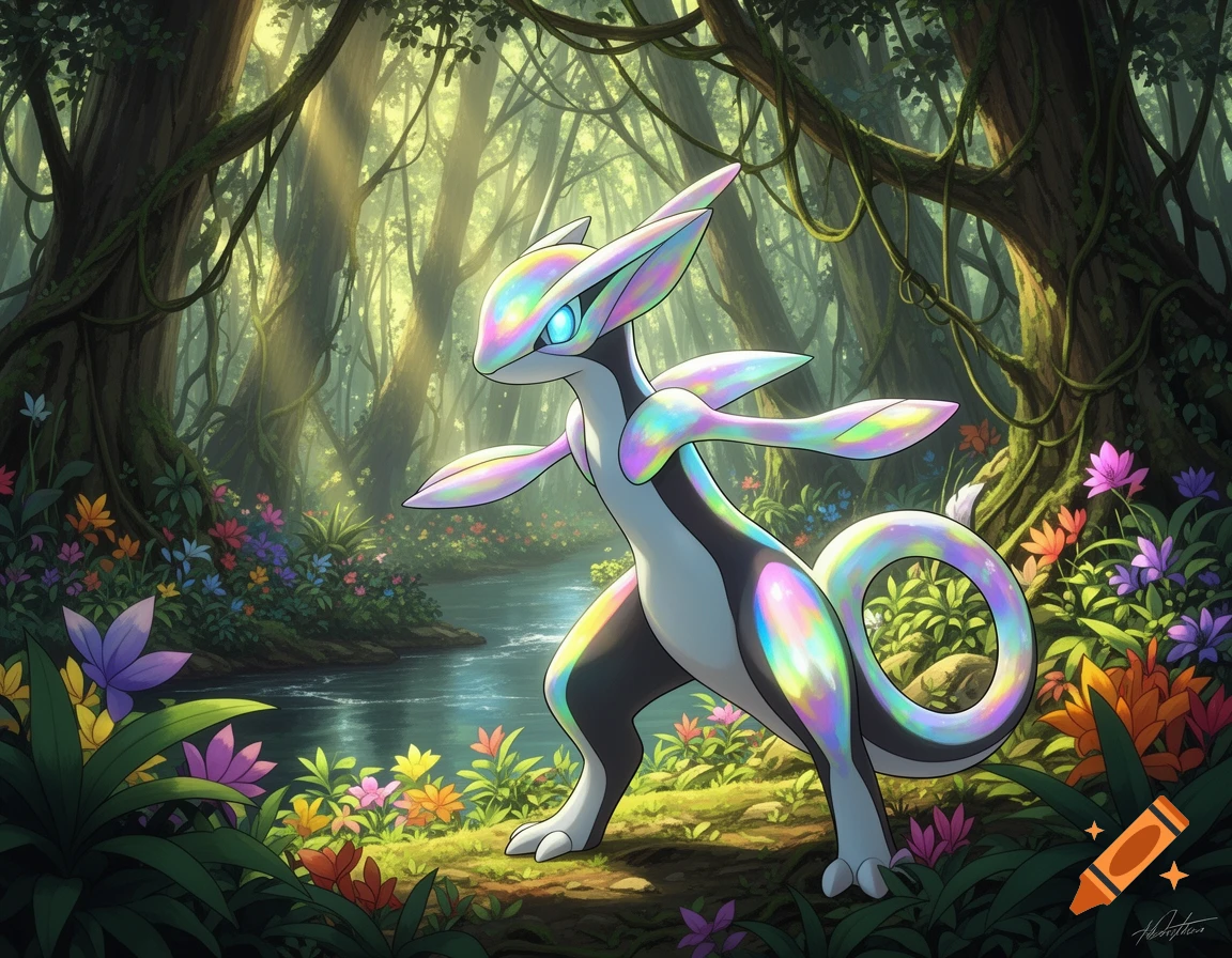 An iridescent, white and black Pokémon-like creature stands in a vibrant, sun-dappled jungle with a river and colorful flowers.