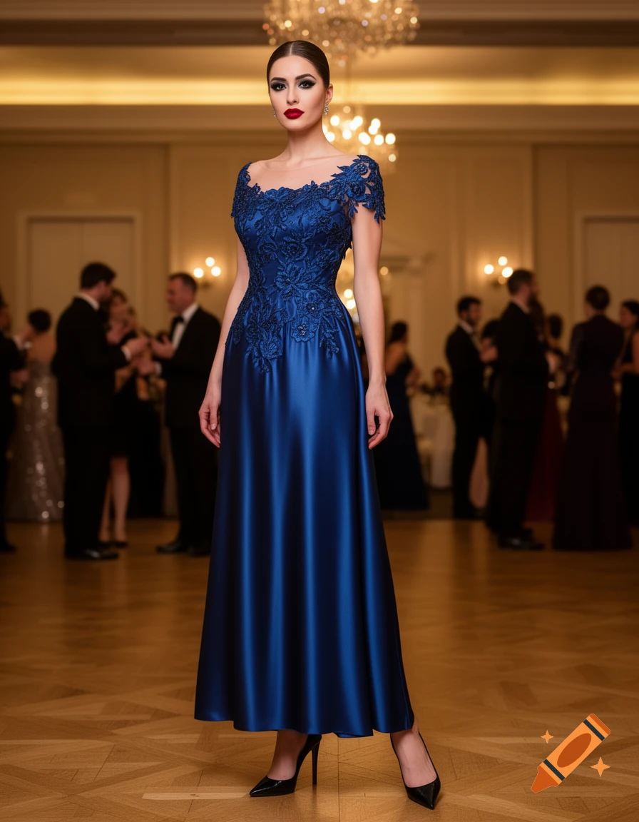 A woman in an elegant, off-the-shoulder blue lace and satin ball gown stands confidently in a ballroom during an event.