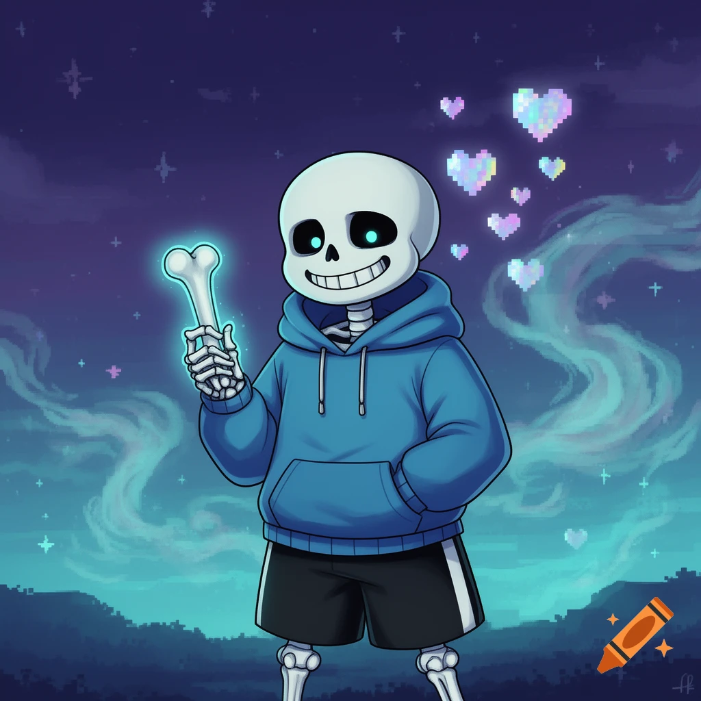 Sans the skeleton, from Undertale, wearing a blue hoodie and black shorts, holds a glowing bone. Pixelated hearts float in the purple, cloudy sky.