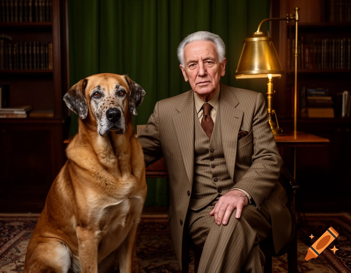 An older man in a pinstripe suit sits in a study next to a large brown dog, looking at the viewer.