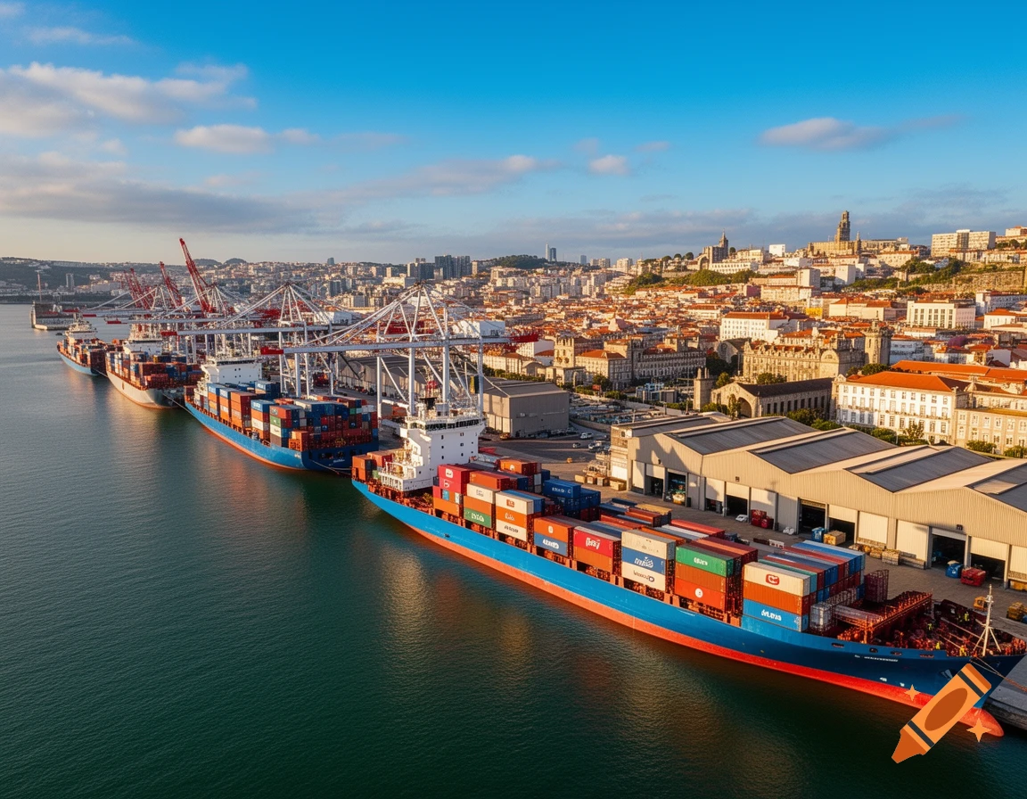 An aerial view of a busy port with several large cargo ships docked, loaded with colorful containers. A city sprawls in the background under a bright blue sky.