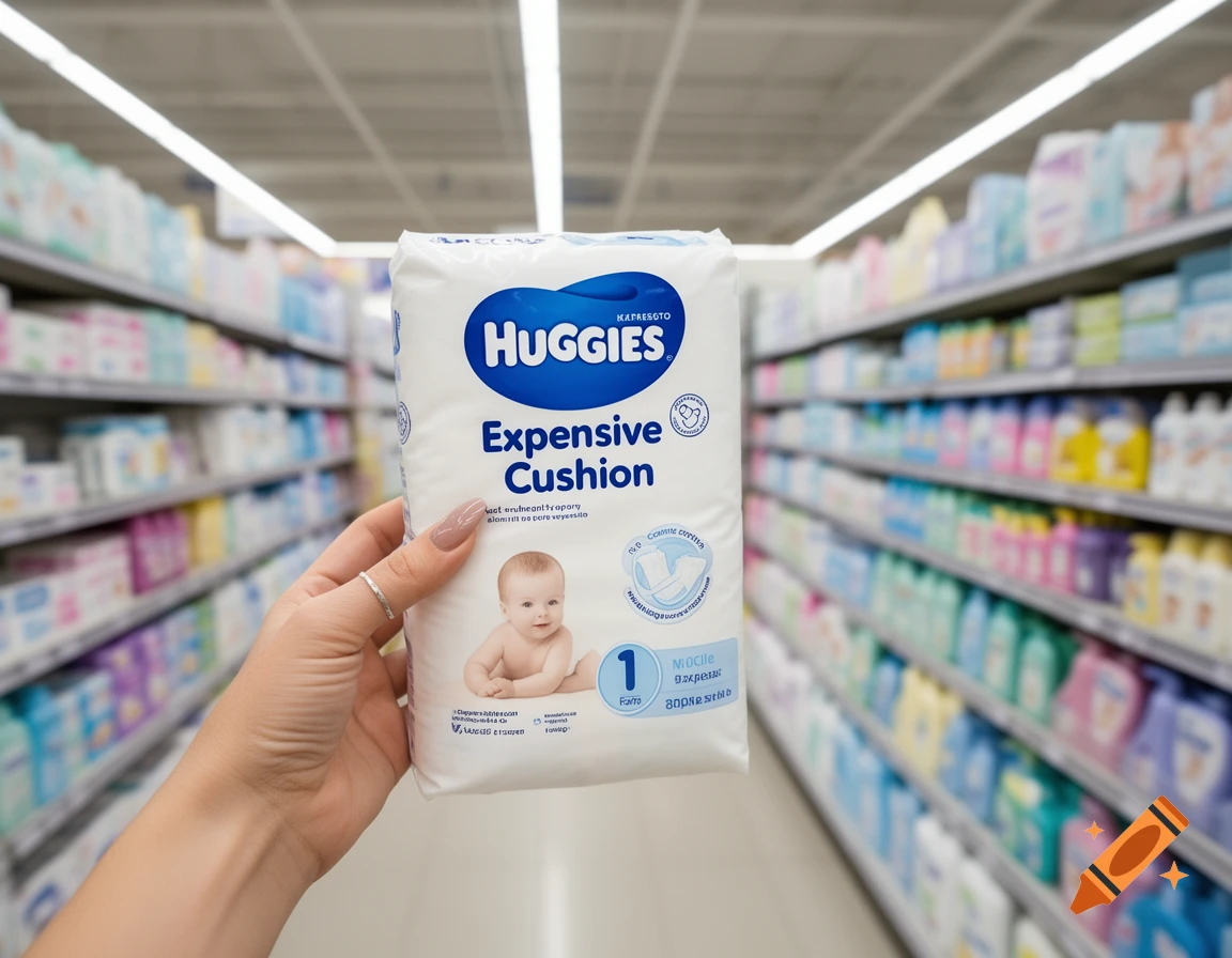 A hand holds a package of Huggies 'Expensive Cushion' diapers in a blurry supermarket aisle.