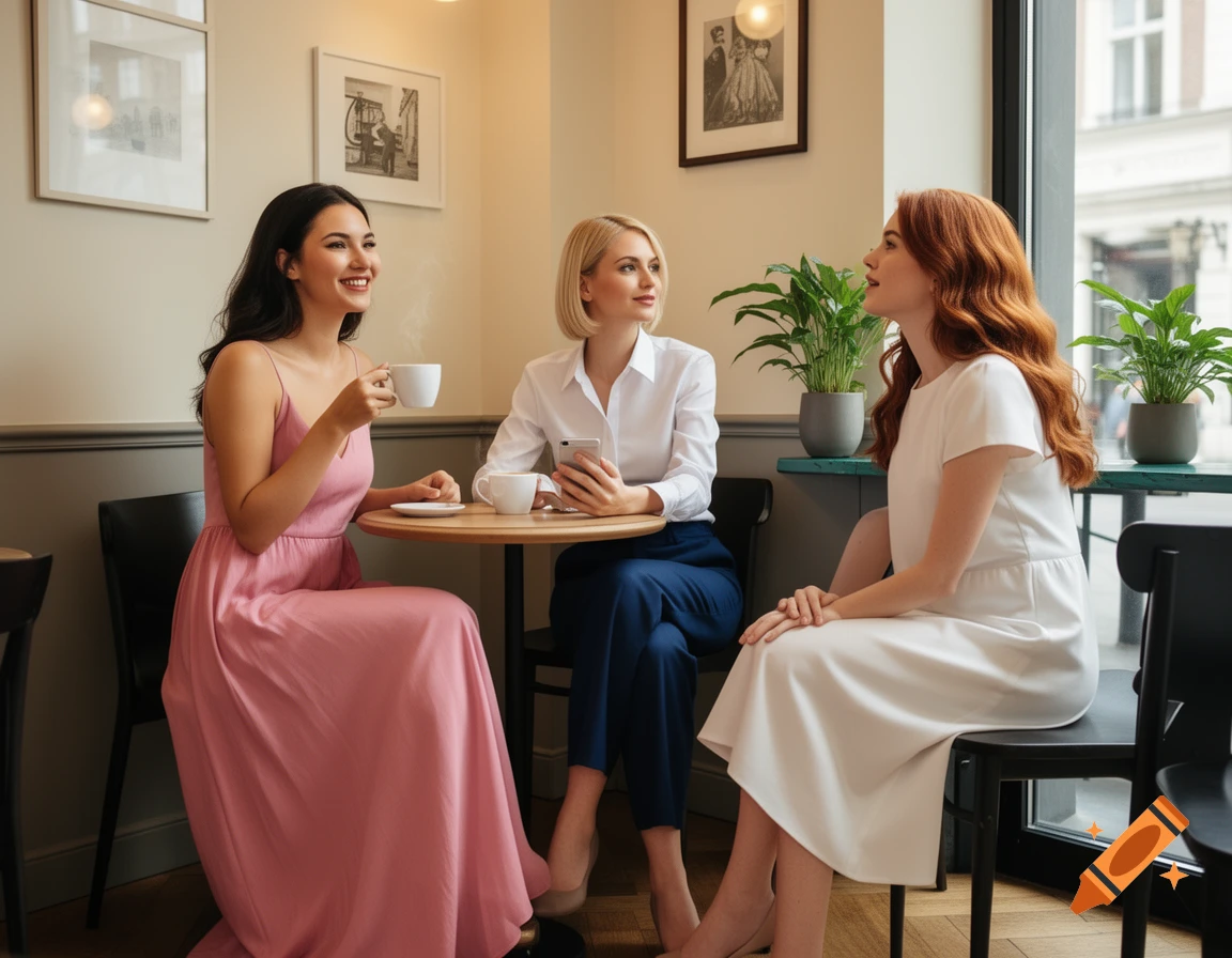 Three young women chat at a cafe table; one in pink sips coffee, one in white shirt holds a phone, and one in white dress listens.