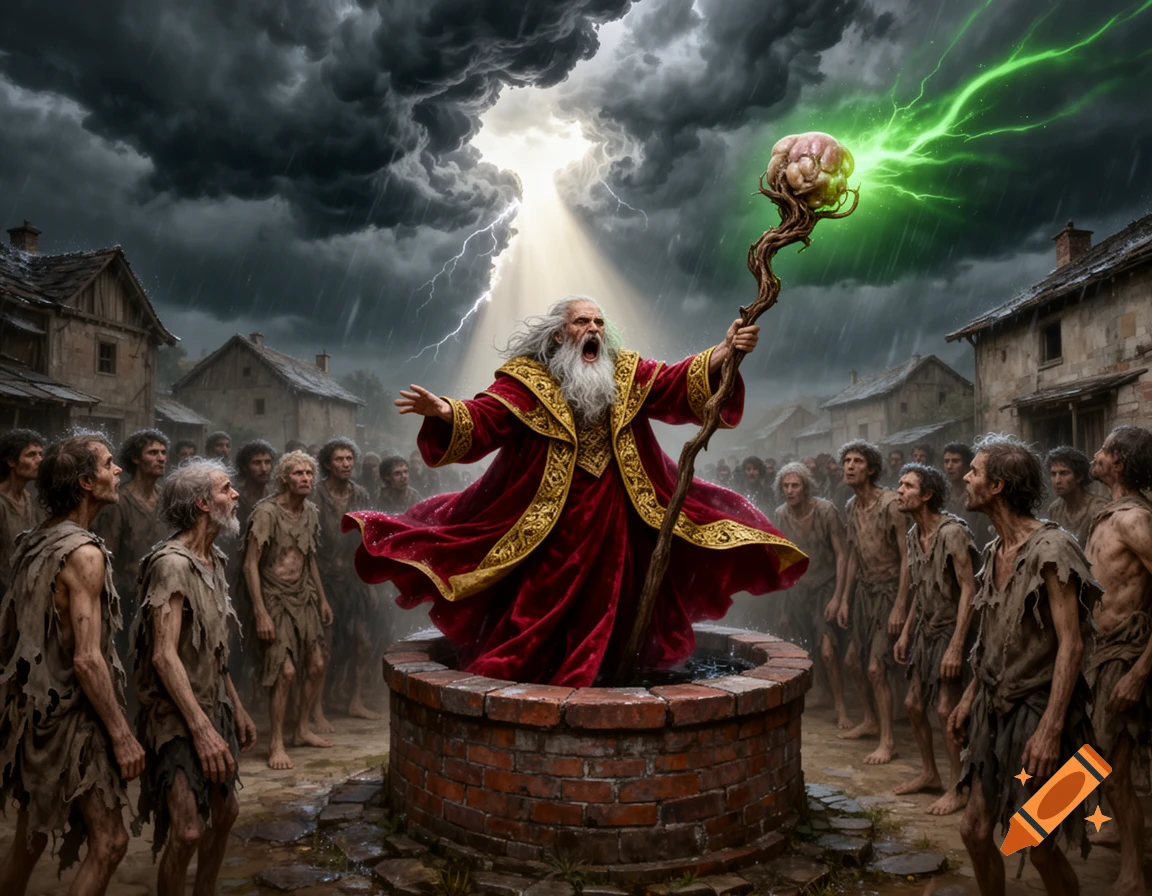 An old wizard in a red and gold robe stands on a well, raising a staff that glows with green lightning towards a stormy sky as a distressed crowd looks on.