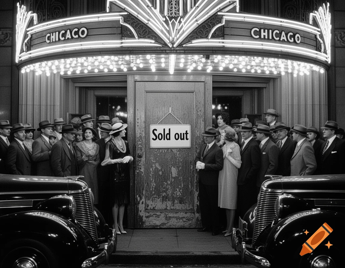 Black and white photo of a busy 1930s street scene with people in period attire, classic cars, and a 'Sold out' sign on a theater door under a 'CHICAGO' neon sign.