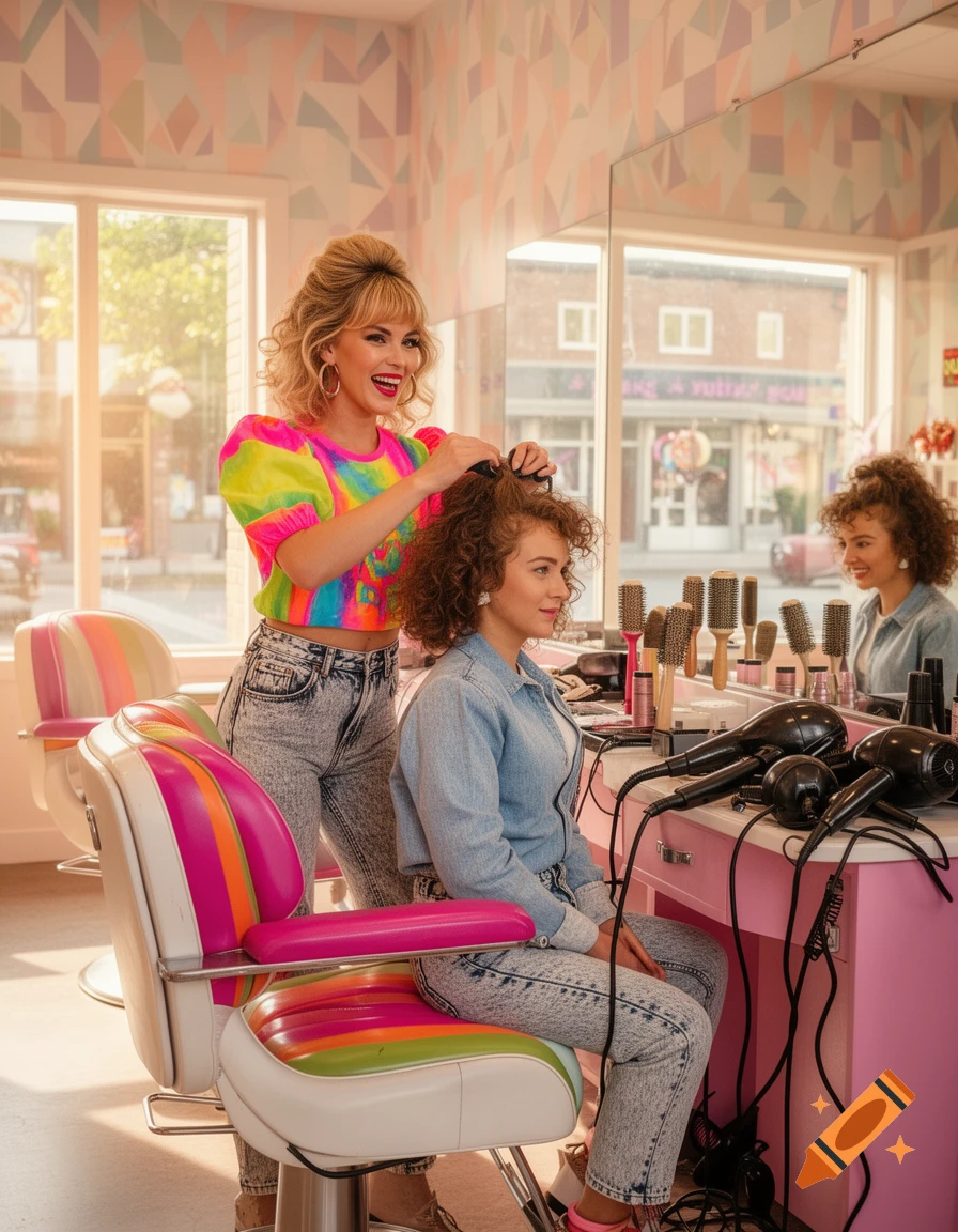A stylist in a neon tie-dye top styles a client's curly hair in a bright 1980s hair salon.