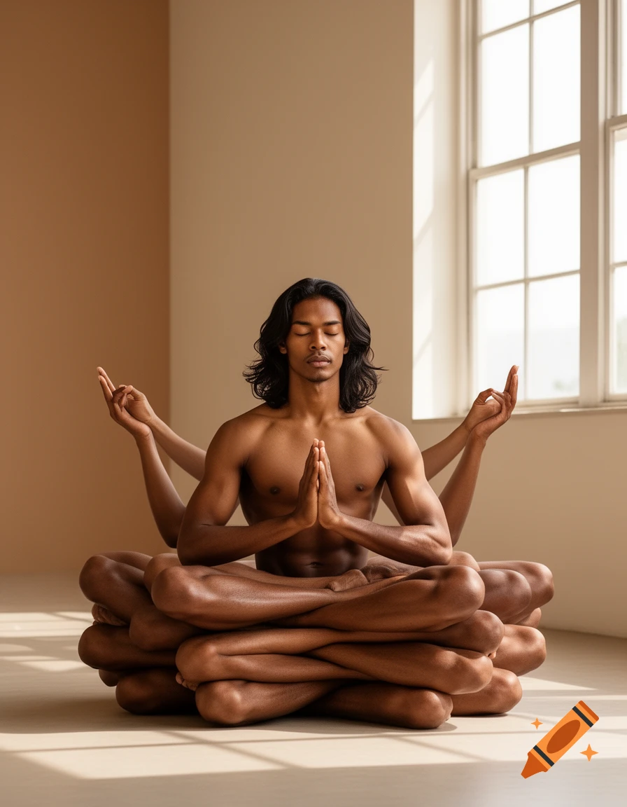 A bare-chested man with long hair, multiple arms, and stacked crossed legs meditates in a sunlit room.