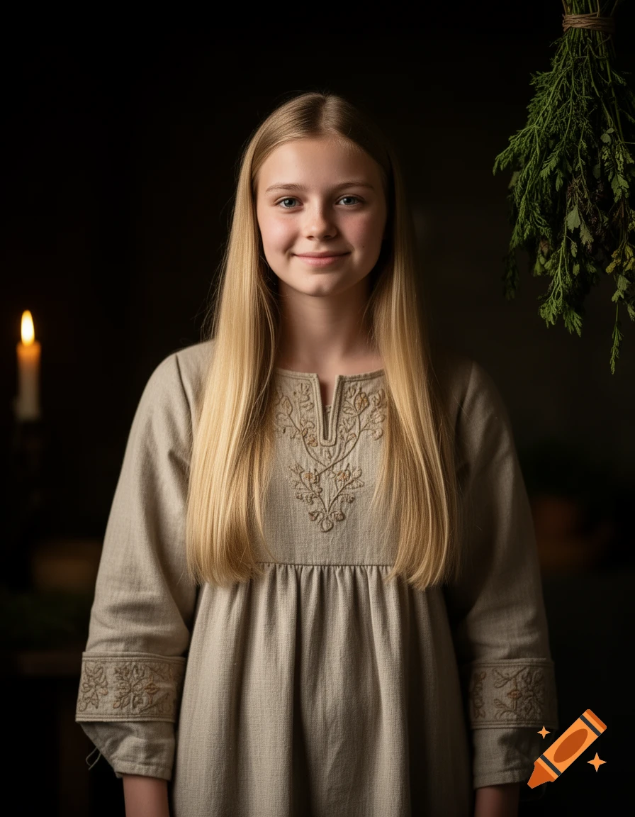 Portrait of a young girl with long blonde hair, faint smile, wearing an embroidered tunic, with a lit candle and dried herbs.