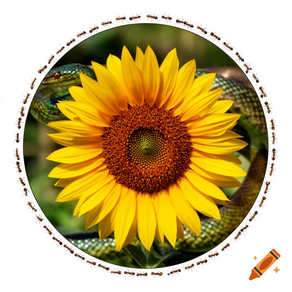 A large sunflower is centered within a white circle, with a green snake partially visible behind it. A line of ants walks along the inner edge of the circle.