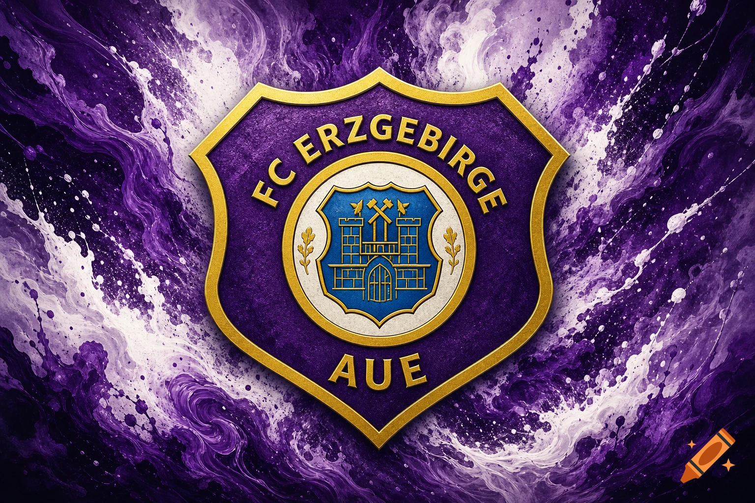 Gold and purple FC Erzgebirge Aue football club logo against a swirling purple and white abstract background.