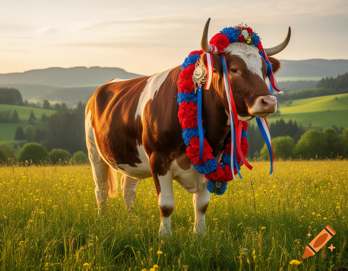 A brown and white ox adorned with red, blue, and white garlands stands in a sunlit green field with yellow flowers under a soft sky.