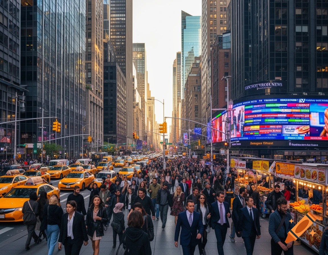 Bustling New York City street with yellow taxis, many pedestrians, towering skyscrapers, and illuminated billboards.