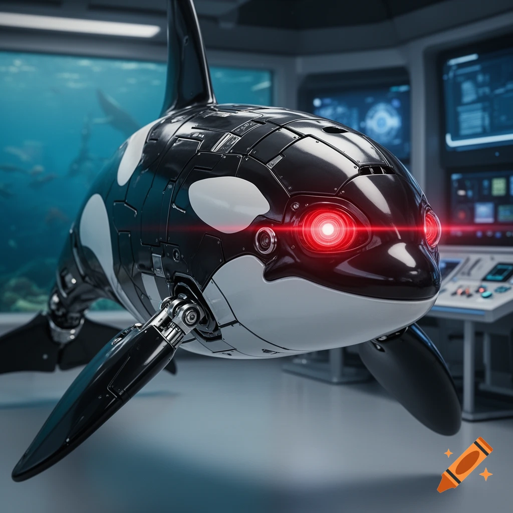 Photorealistic robotic orca with red laser eyes in a futuristic underwater research facility.