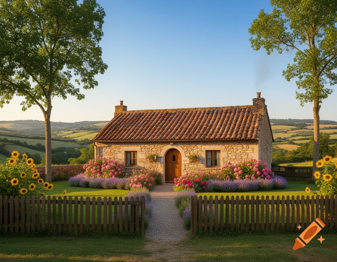 A charming stone cottage with a red tile roof and wooden door, surrounded by a vibrant garden with pink flowers, lavender, and sunflowers, set in a rolling green countryside under a clear blue sky.