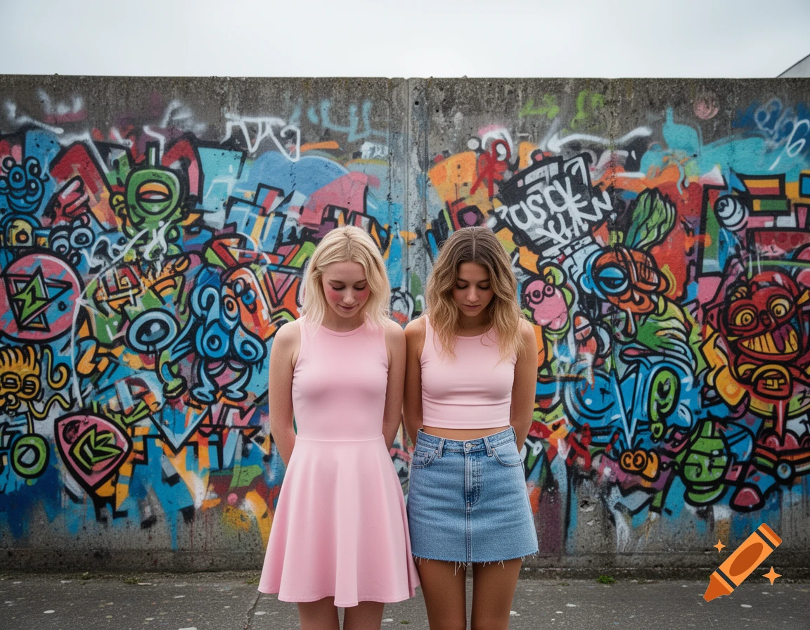 Two young women, one in a pink dress and one in a pink crop top and denim skirt, stand with shy expressions in front of a colorful graffiti-covered concrete wall.