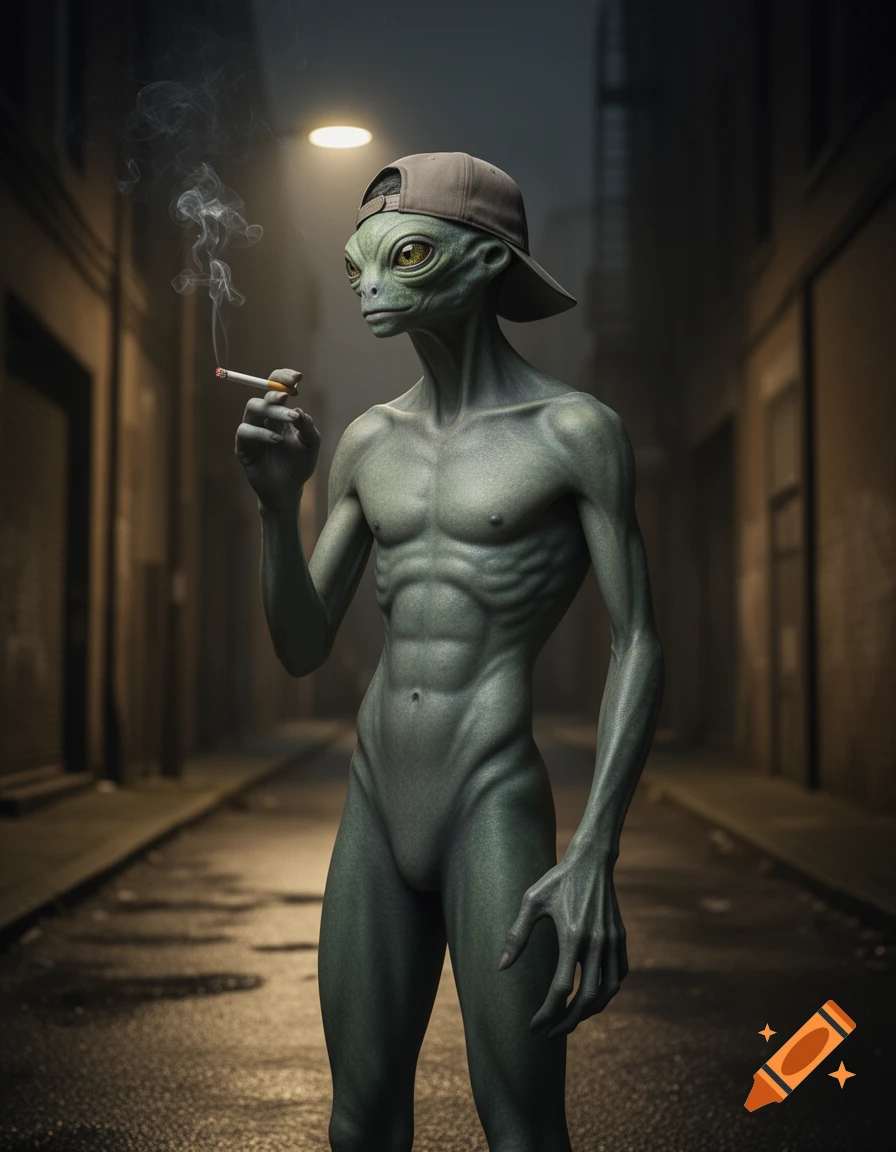 A photorealistic greenish-gray alien with lizard eyes, a strong lean physique, and a backwards cap, smoking a cigarette in a dark, wet urban alley.