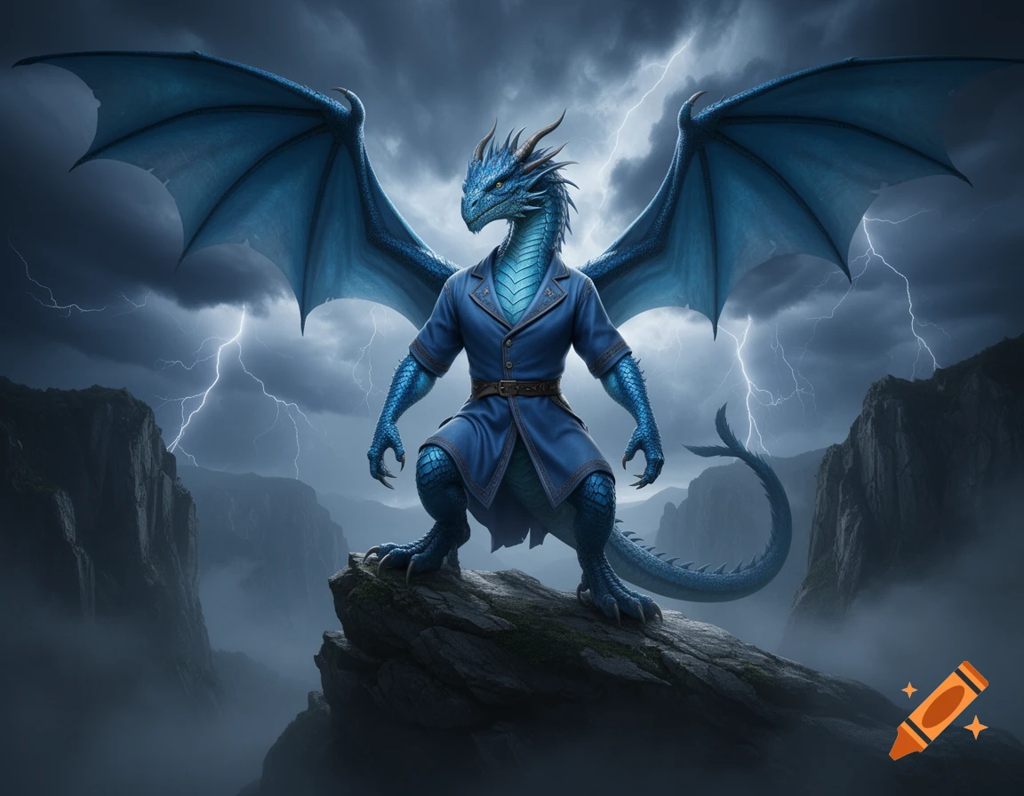 A blue dragon wearing a blue tunic stands dramatically on a rocky cliff under a stormy sky with lightning.