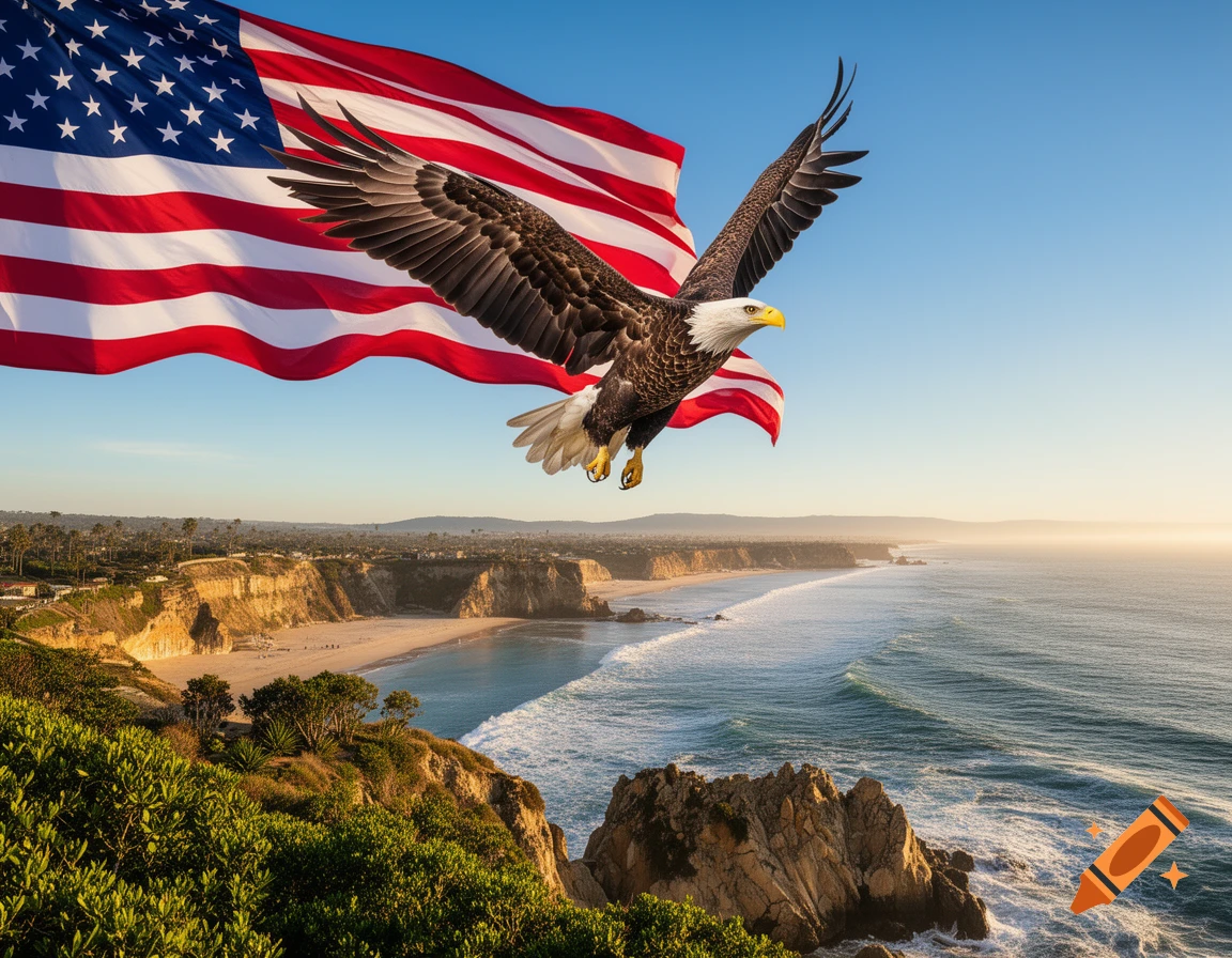 A photorealistic bald eagle soars over a scenic coastline with an American flag waving in the sky.