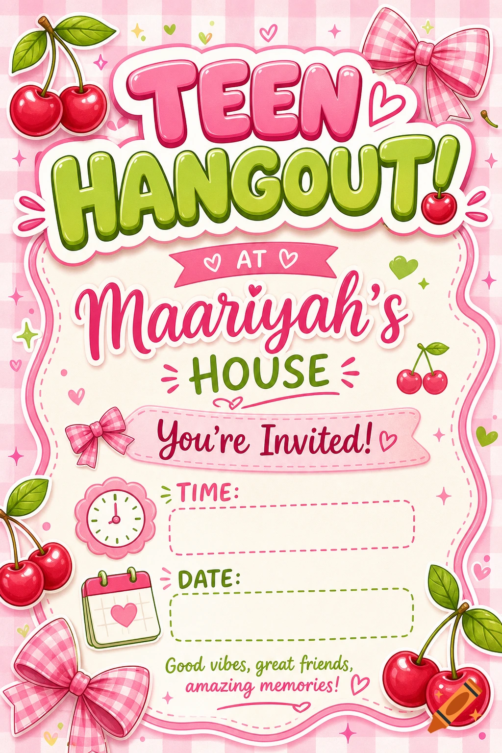 A pink and green 'Teen Hangout' party invitation with a checkered background, cherries, and bows, with spaces for time and date.