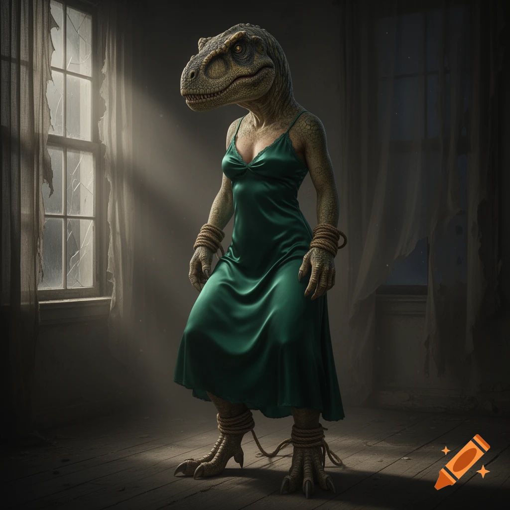 Photorealistic image of a creature with a dinosaur head and human-like body, wearing a green satin dress, with ropes on its wrists and ankles, standing in a dimly lit, decaying room.