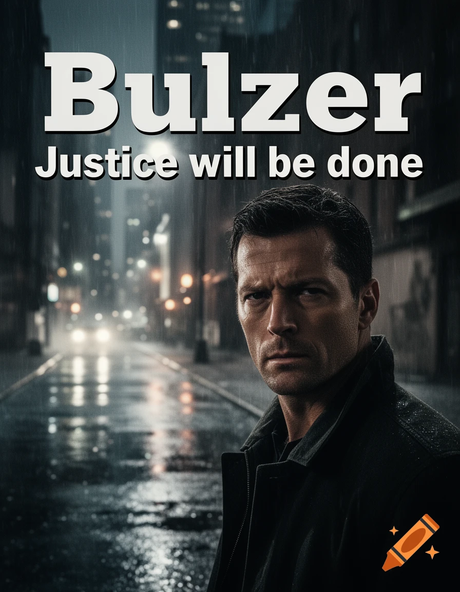 Movie poster of a stern man in a dark coat on a rainy city street at night, with text 'Bulzer Justice will be done'.