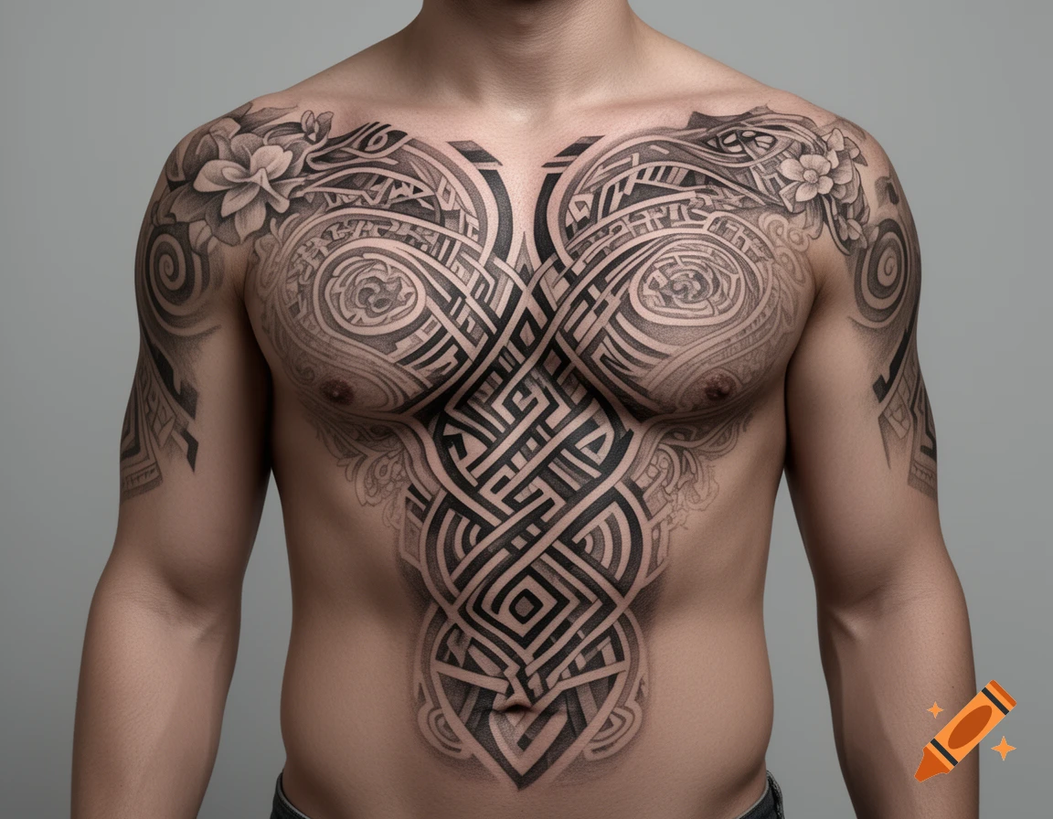 A shirtless man showcases a detailed black and gray chest tattoo with intricate Celtic knot patterns and floral designs.