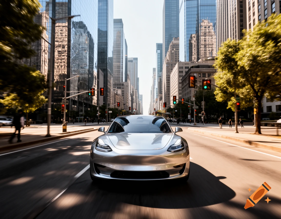 A silver car drives down a wide city street lined with tall buildings and trees under a clear sky, photorealistic.