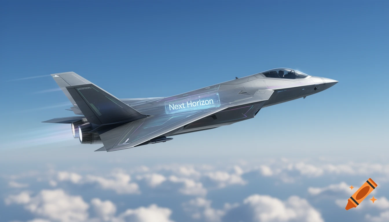 A futuristic grey fighter jet with 'Next Horizon' on its side soars over clouds in a clear blue sky.