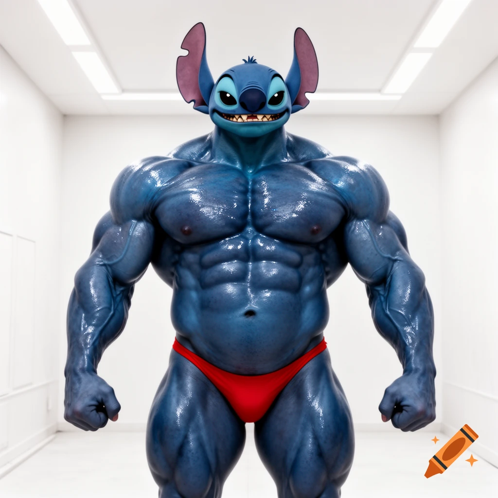 A hyper-muscular, oiled, blue Stitch from Lilo & Stitch, wearing a red posing thong, stands in a well-lit white room.