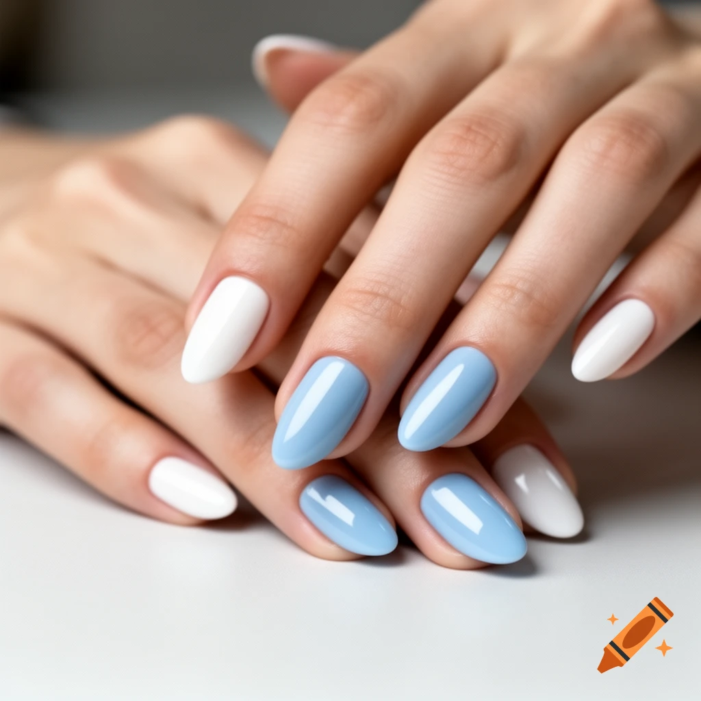 Close-up of hands with alternating white and pastel blue almond-shaped manicured nails.