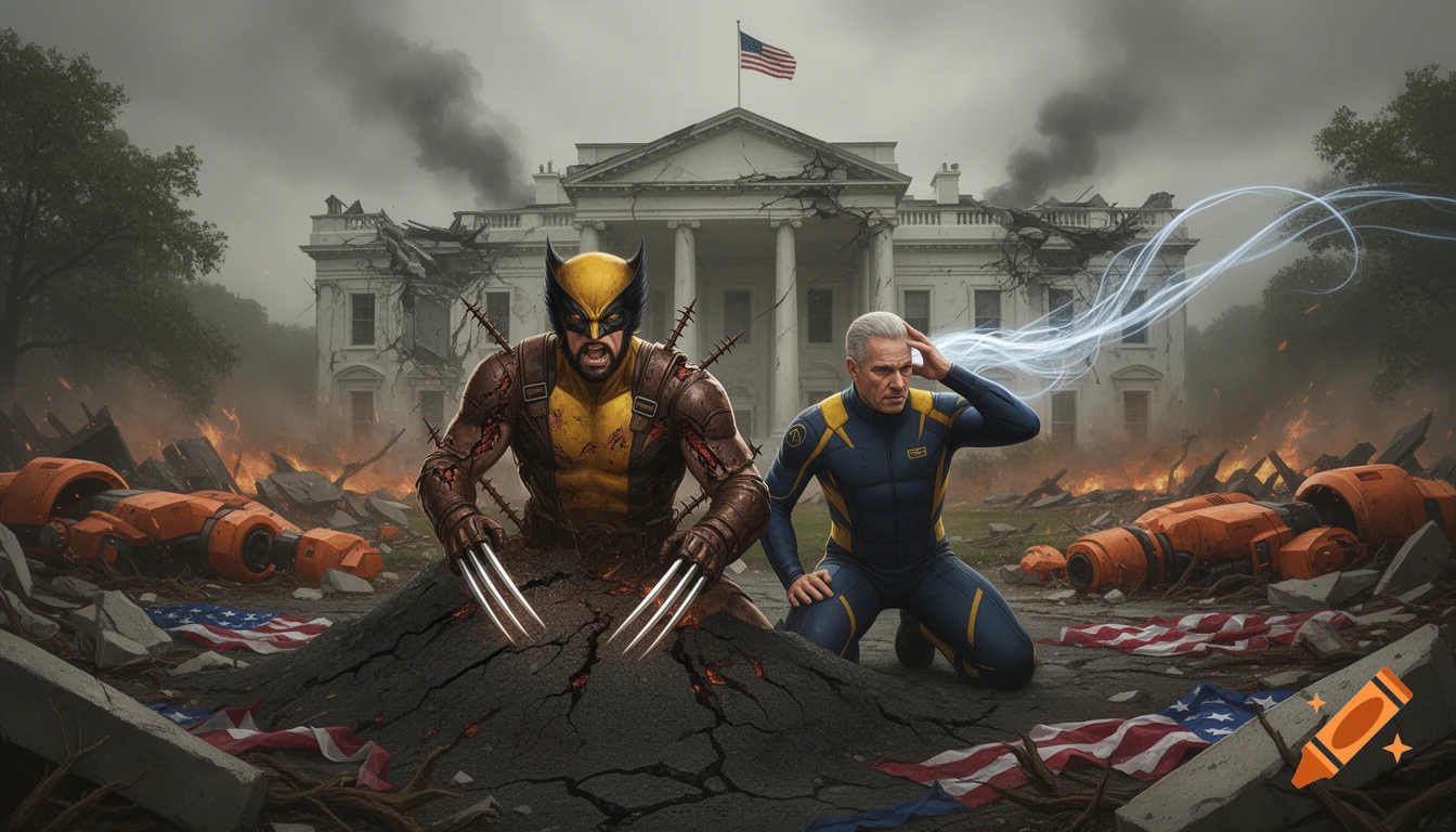 Wolverine and Professor X amidst a ruined White House, Wolverine emerging from cracked ground with rebar, Professor X kneeling with psychic energy.