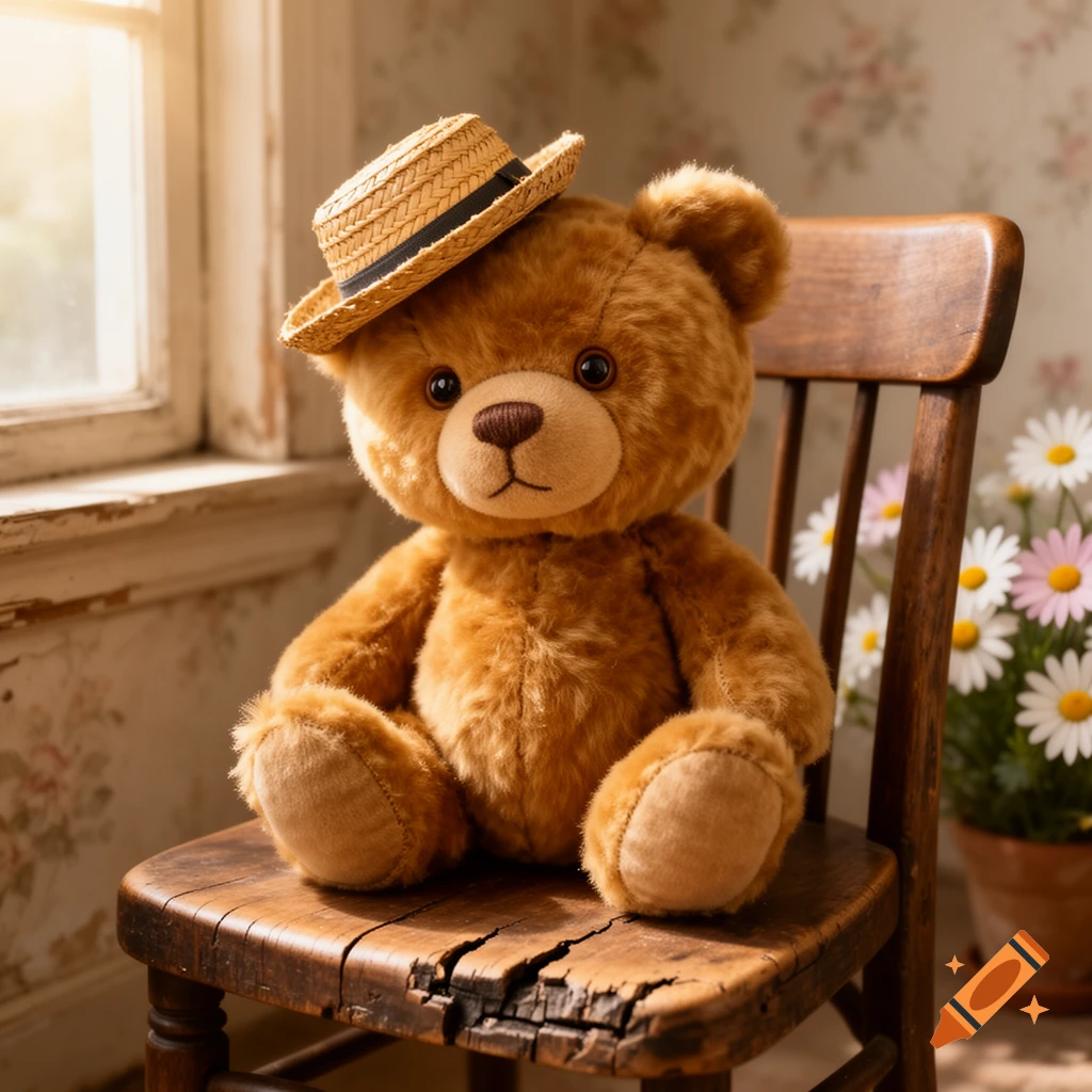 A fluffy brown teddy bear wearing a straw hat sits on a rustic wooden chair by a sunlit window with potted daisies.