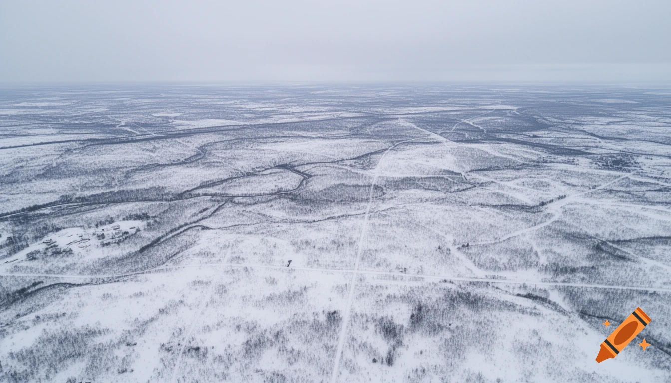 An aerial view of a vast snow-covered landscape with dark winding paths and sparse trees under a pale sky.