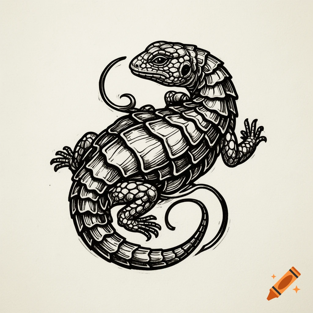 A detailed blackwork line art illustration of a shingleback lizard, curled into an S-shape on a light background.