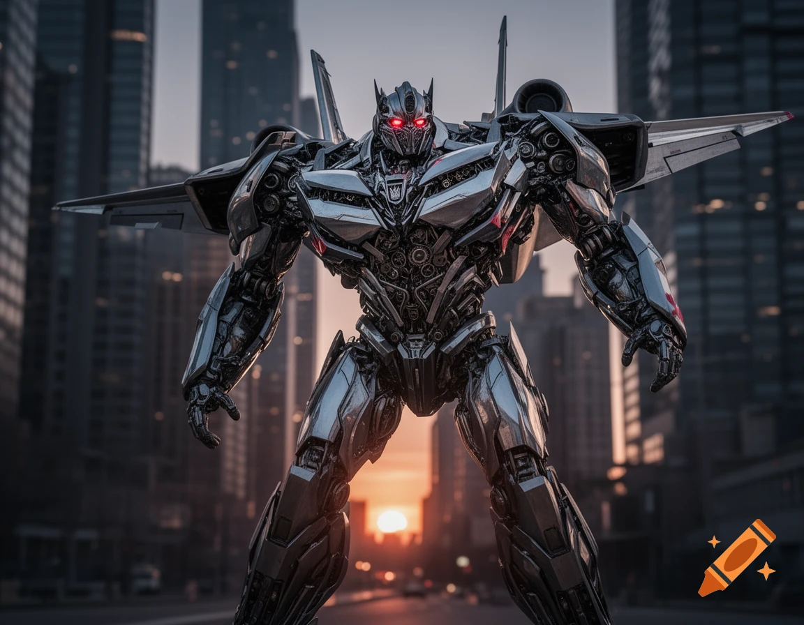 A powerful silver and dark gray robot with glowing red eyes and plane parts stands on a city street at sunset.