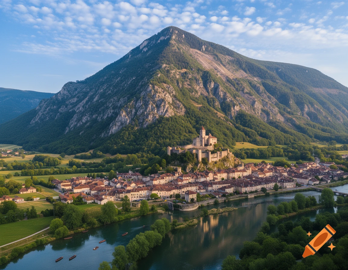 Aerial view of an ancient European town with red-roofed buildings, a hilltop castle, a river, and a large green mountain under a partly cloudy sky.