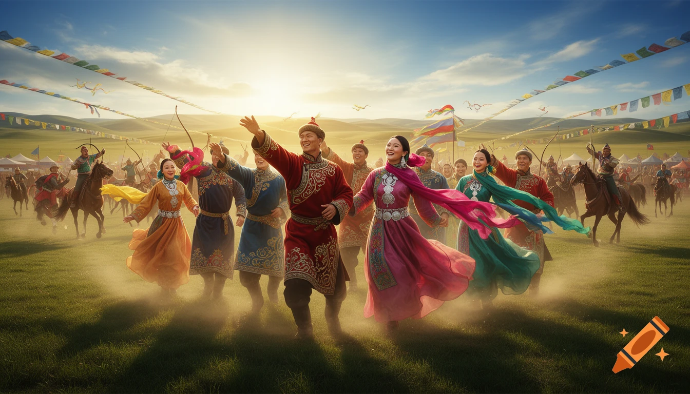 Photorealistic illustration of people in traditional Mongolian attire celebrating the Naadam Festival in a grassy field with horses and prayer flags under a sunny sky.