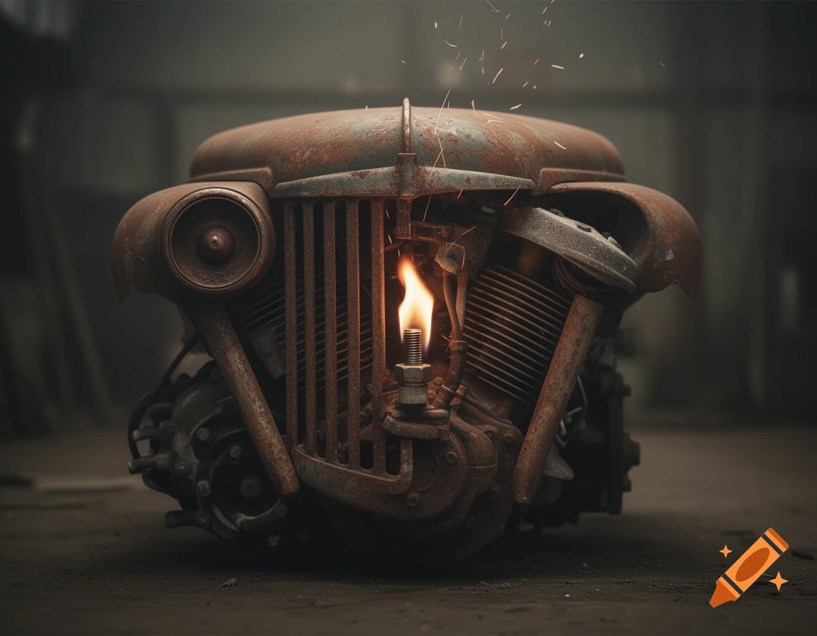 Rusty, vintage machine resembling an engine and truck grille with a small flame and sparks emerging from a central bolt in a dark industrial setting.