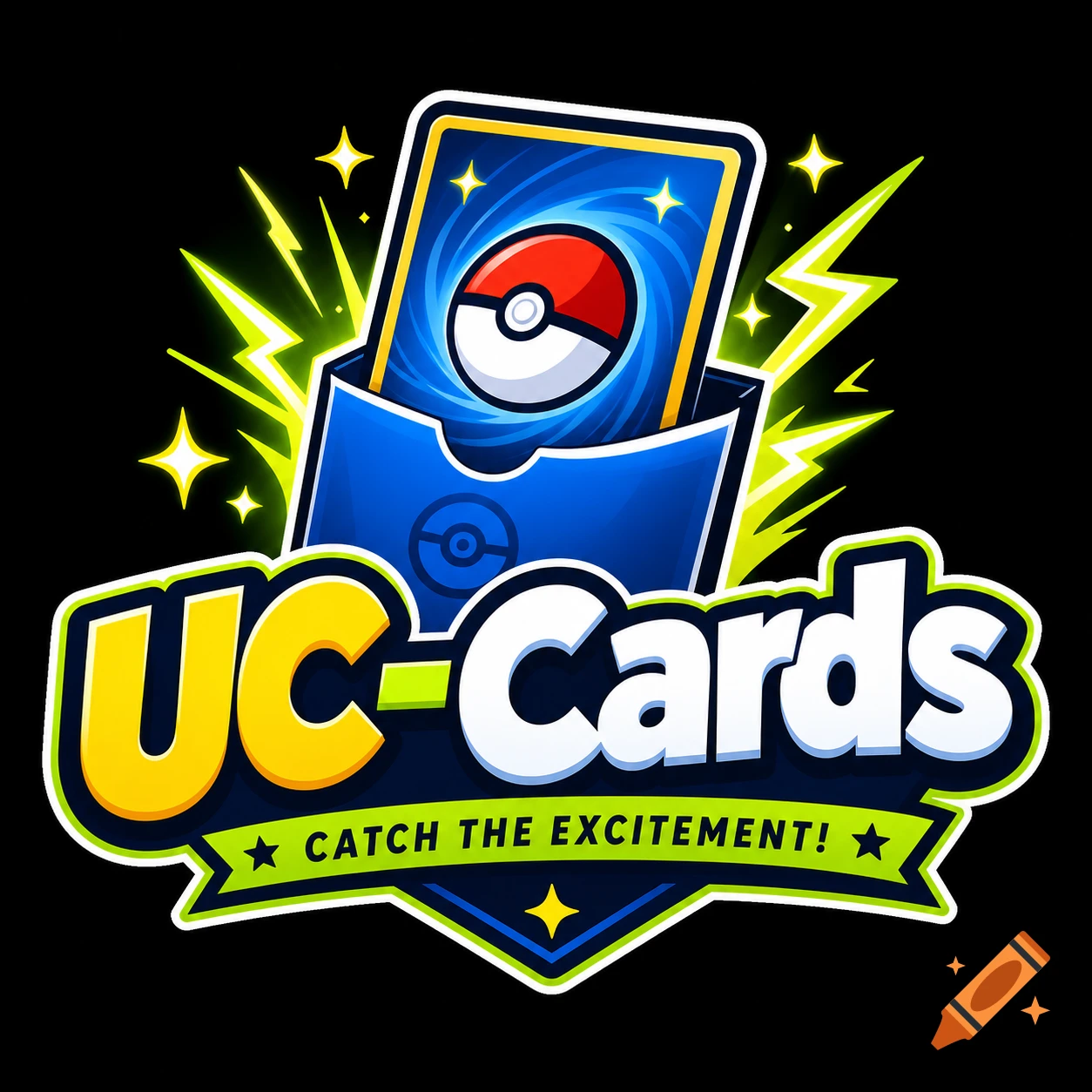 Vibrant 'UC-Cards' logo with a Pokemon card, blue card box, lightning bolts, and 'Catch The Excitement!' slogan.