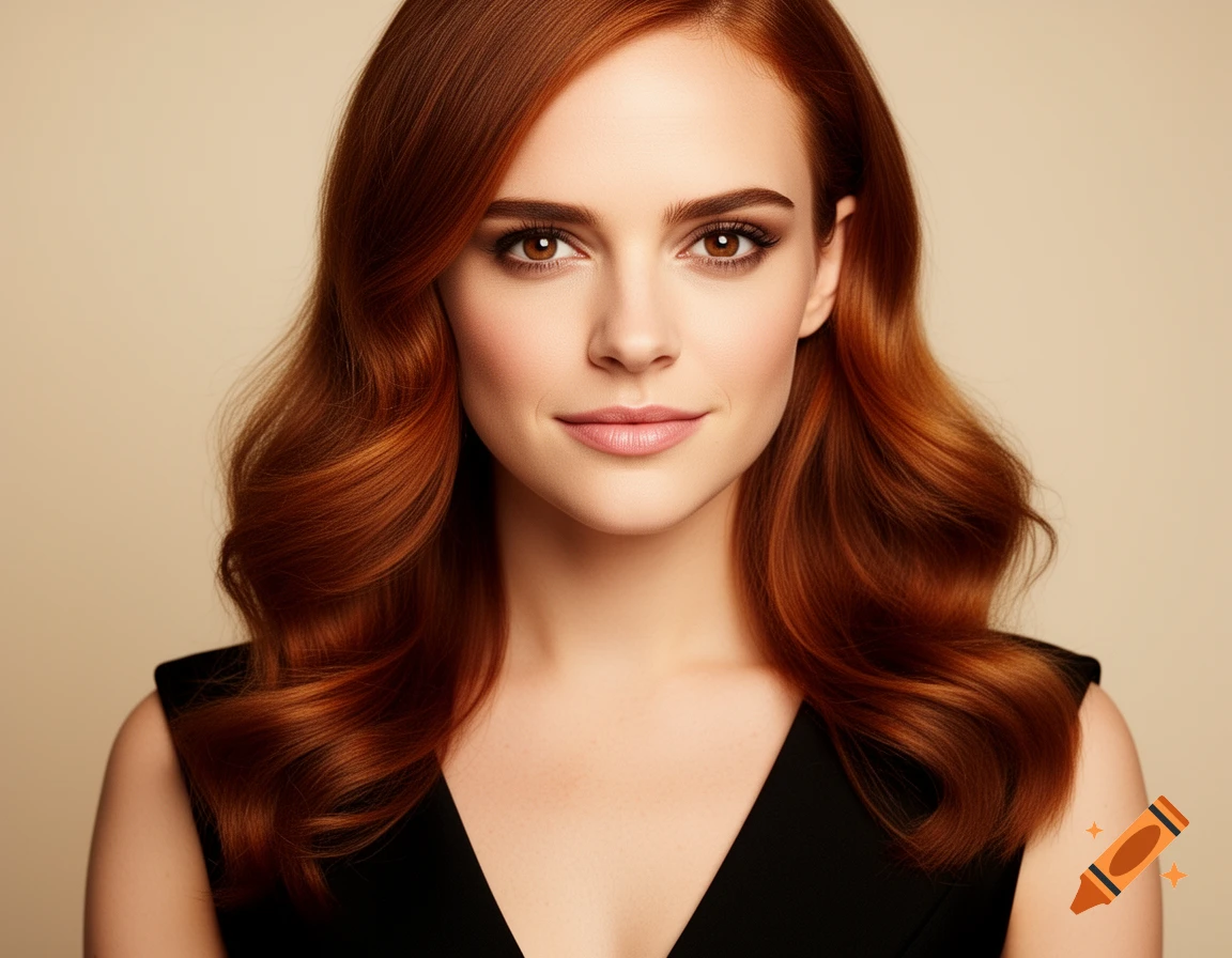 Photorealistic portrait of a woman with long wavy reddish-brown hair and brown eyes, wearing a black top, against a beige background.