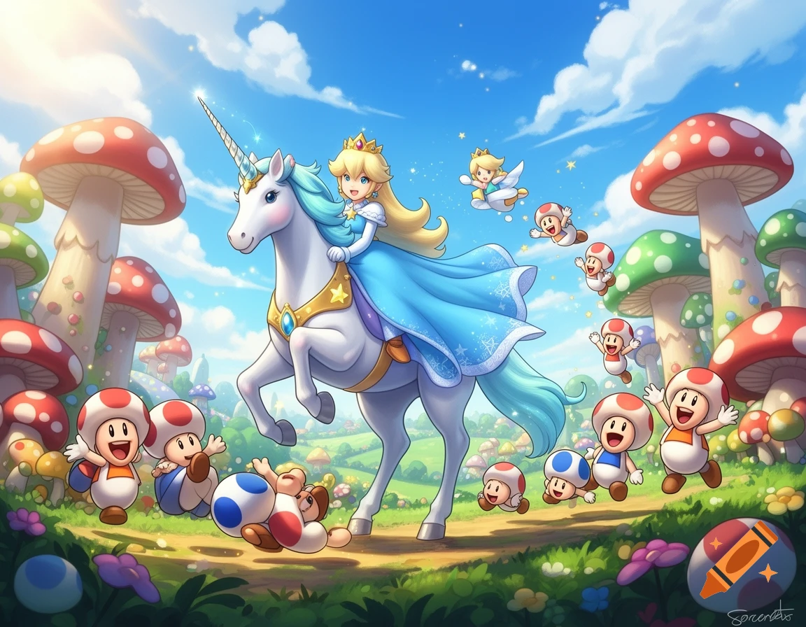 Princess Peach rides a majestic unicorn through a vibrant, mushroom-filled landscape, with joyful Toads and a Luma character.