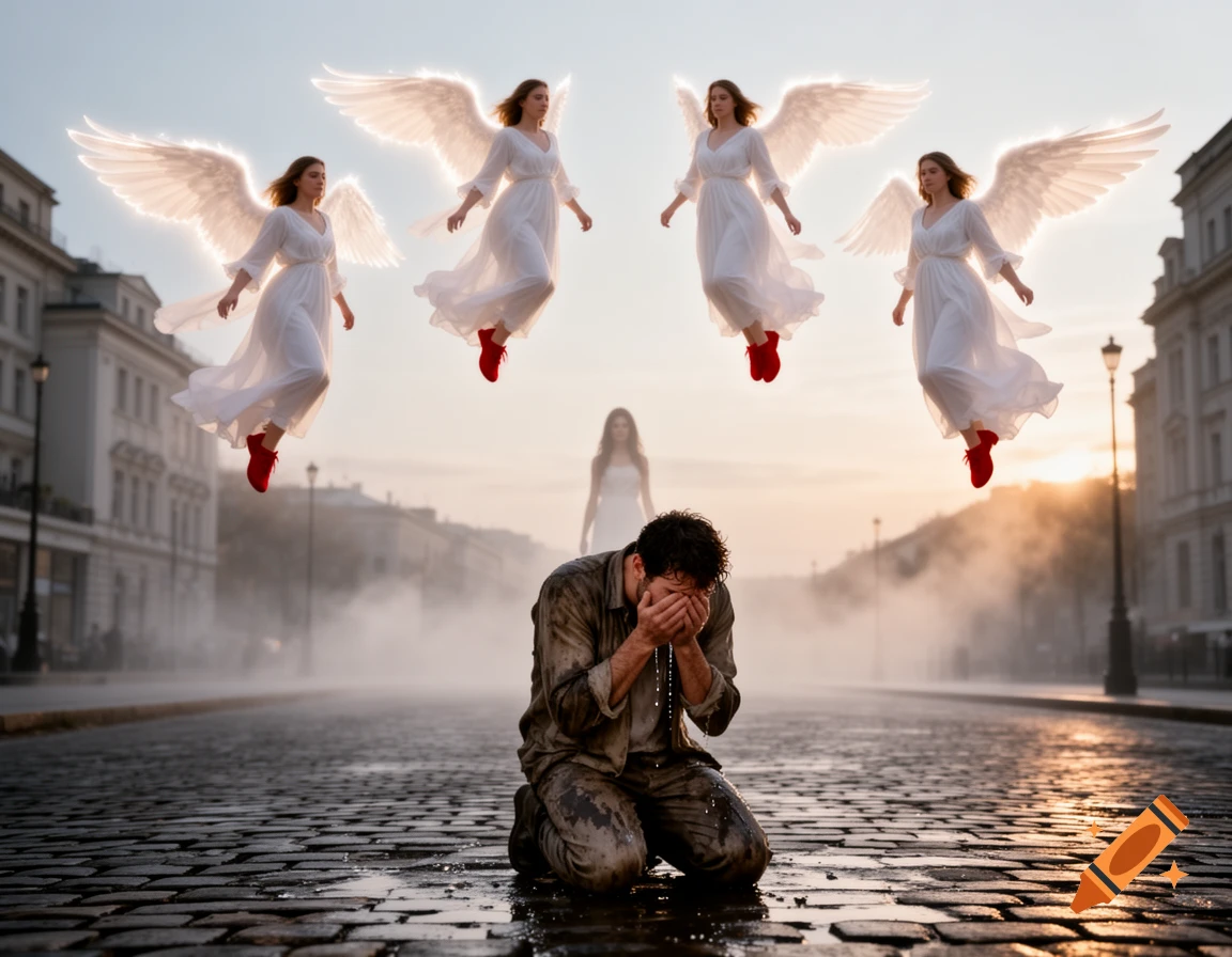 A despondent man kneels crying on a wet cobbled street as four angels with glowing wings and red shoes hover above him at sunset.