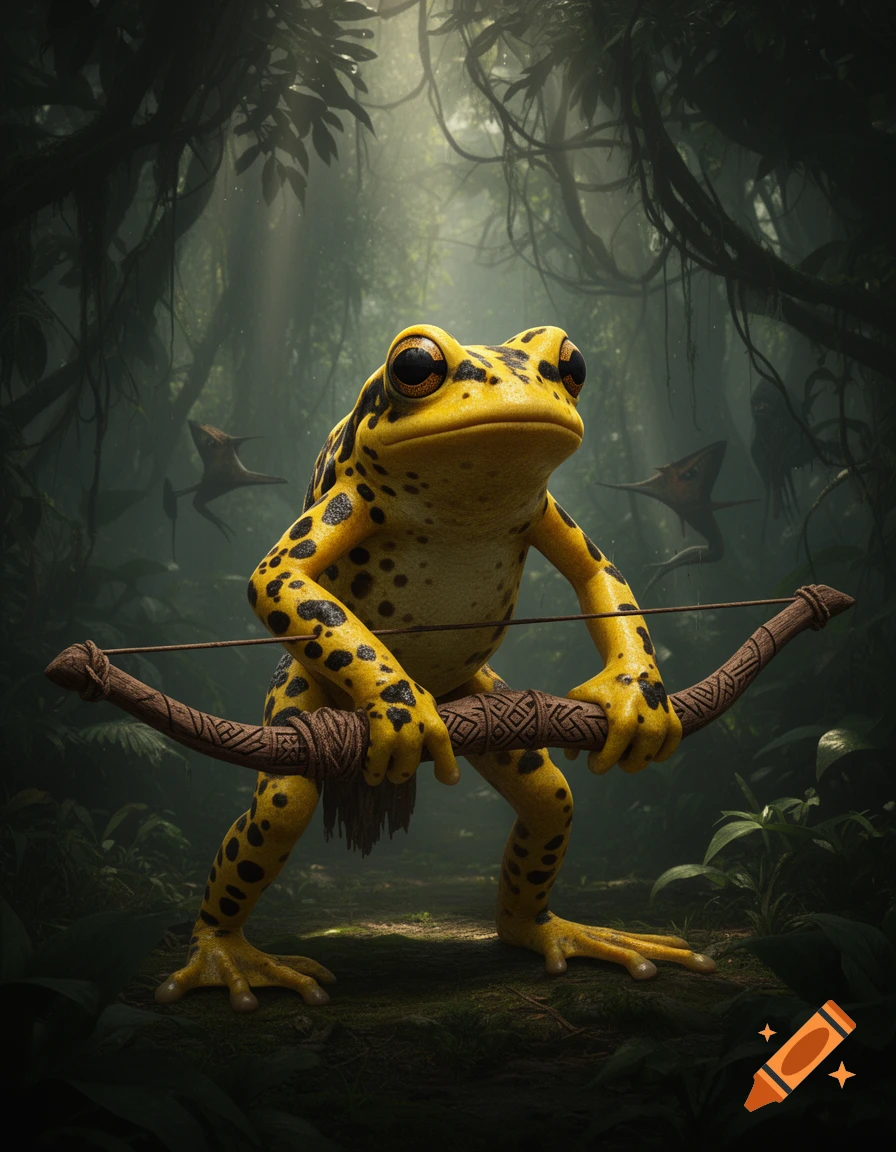 A yellow and black spotted frog with large eyes stands holding a bow in a dark, misty jungle.