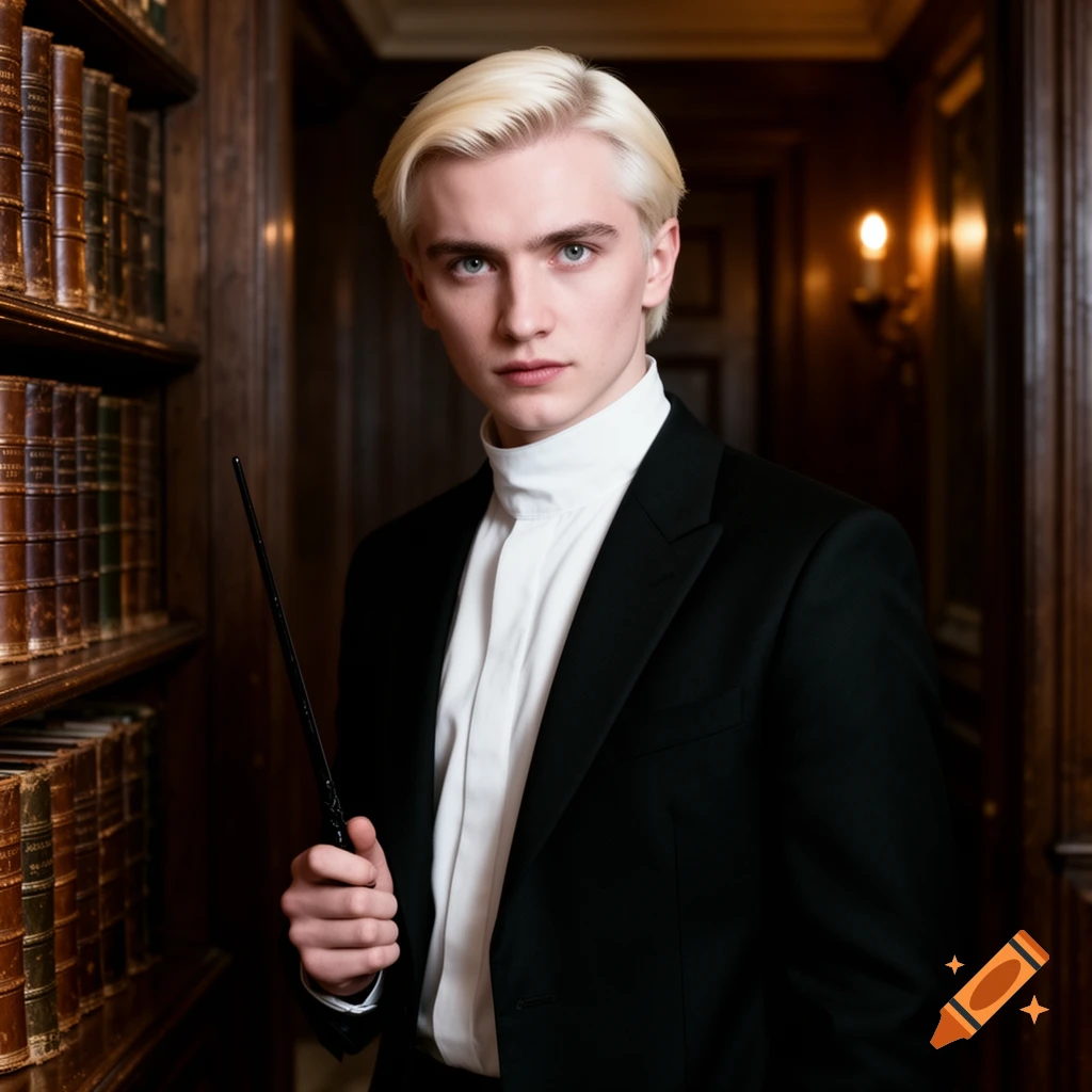 A young man with platinum blonde hair, wearing a black suit and white turtleneck, holds a black wand in a dimly lit library.