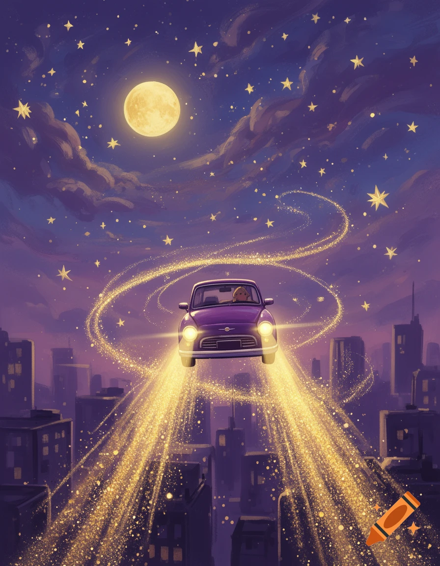 A purple car flies over a city at night, leaving golden stardust trails, under a starry sky with a full moon.