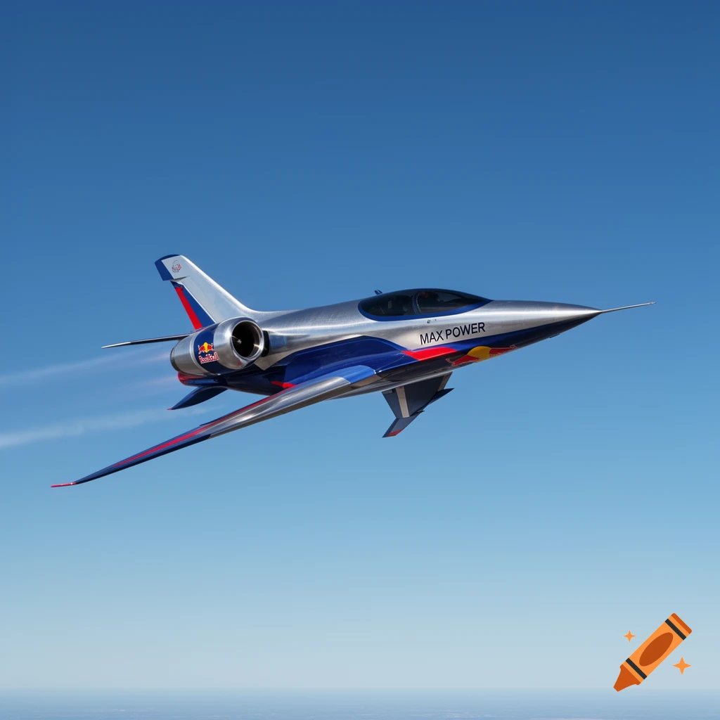 A sleek silver, blue, and red futuristic jet plane with a Red Bull logo and "MAX POWER" text flies against a clear blue sky.
