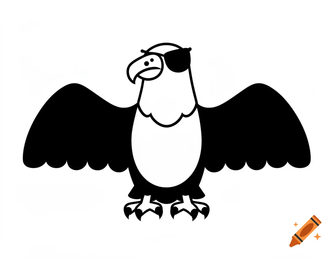 A minimalist black and white cartoon condor with an eye patch, wings spread, facing forward.