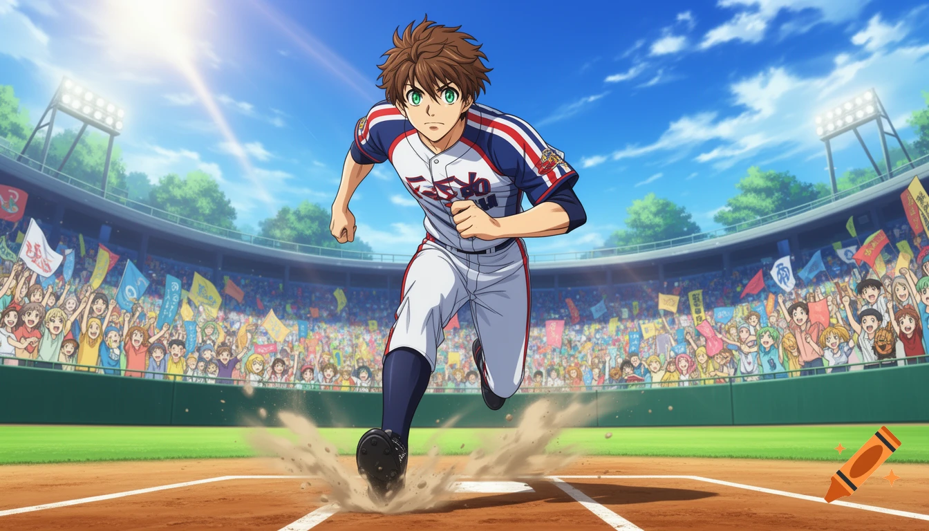 An anime-style baseball player runs across a dirt field, kicking up dust, in front of a cheering crowd in a stadium under a blue sky.